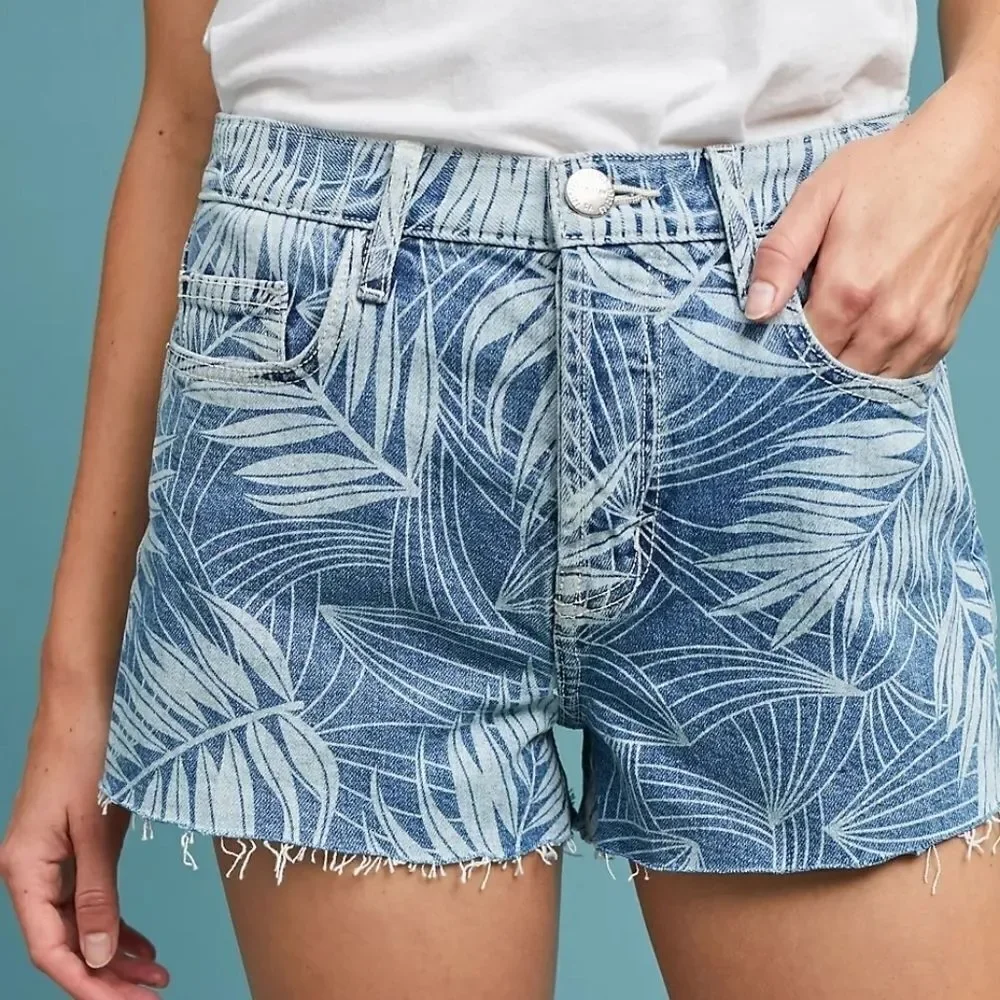 Anthro Current/Elliott Womens Size 25 Palm Print High Rise Denim Jean Shorts